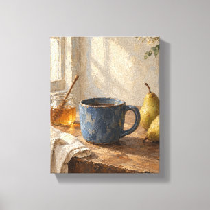 Stille ontbijt met een blauwe kop Rustieke stillev Canvas Afdruk