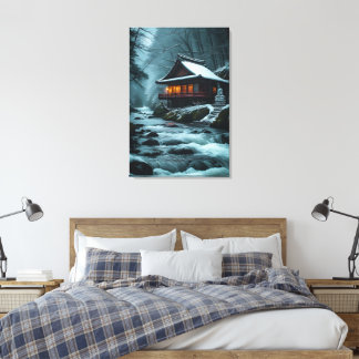 Stille Winter: Stille Tempel aan de Winterrivier Canvas Afdruk