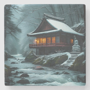 Stille Winter: Stille Tempel aan de Winterrivier Stenen Onderzetter