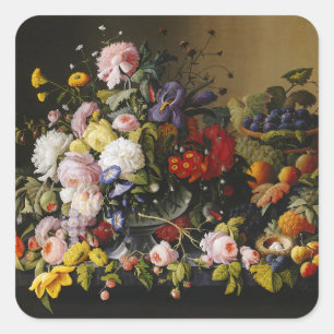 stilleven bloemen en vruchten vierkante sticker