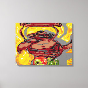 Stilleven doek: Tea Kettle met fruit Canvas Afdruk