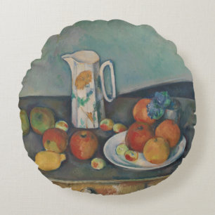 Stilleven, melkkan en fruit op een tafel, Cezanne Rond Kussen