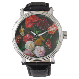 Stilleven met bloemen in een glazen vaas horloge