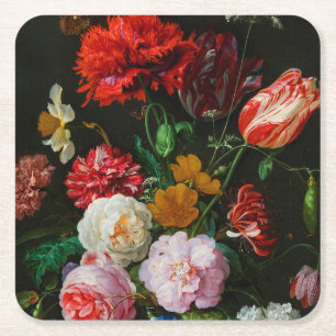 Stilleven met bloemen in een glazen vaas vierkante kartonnen onderzetter