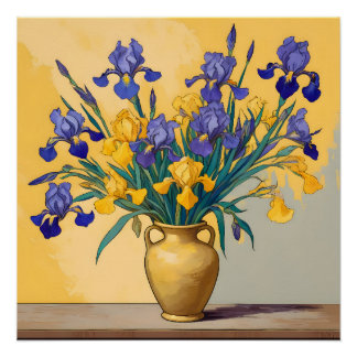 Stilleven met Gele en Blauwe Irissen in een Gouden Perfect Poster