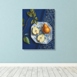 Stilleven met peer Blauw Textiel Olie Schilderij Canvas Afdruk