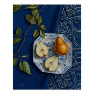 Stilleven met peer Blauw Textiel Olie Schilderij Perfect Poster