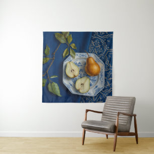 Stilleven met peer Blauw Textiel Olie Schilderij Wandkleed