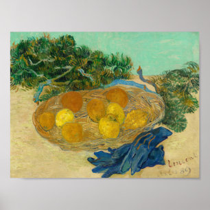 Stilleven met sinaasappels, citroenen en blauwe ha poster