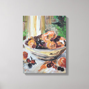 Stilleven met verse perziken en kersenkom canvas afdruk