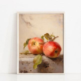 Stilleven olieverfschilderij met appel, vintage fr poster