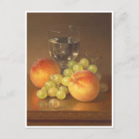 Stilleven, wijnglas, twee perziken, fruit en wijn
