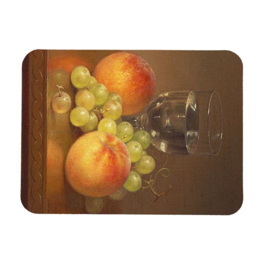 Stilleven, wijnglas, twee perziken, fruit en wijn magneet (Horizontaal)