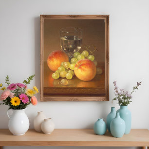 Stilleven, wijnglas, twee perziken, fruit en wijn poster