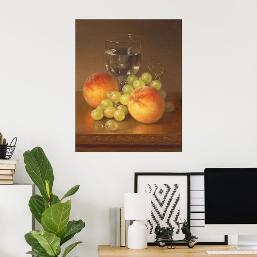 Stilleven, wijnglas, twee perziken, fruit en wijn poster (Thuiskantoor)