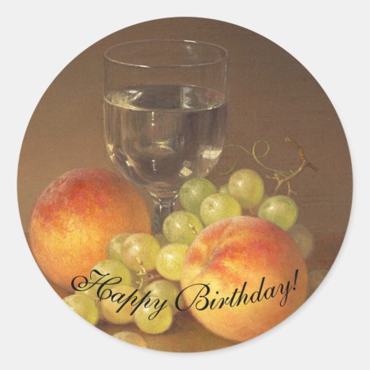 Stilleven, wijnglas, twee perziken, fruit en wijn ronde sticker (Voorkant)
