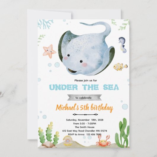 Stingray birthday party invitation (Devant)