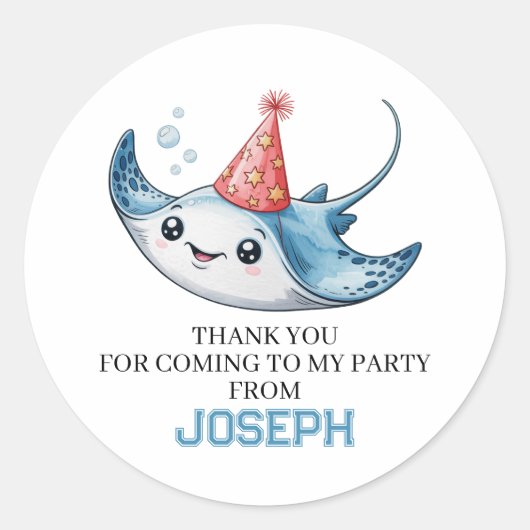 Stingray verjaardagsfeestje bedankt ronde sticker (Voorkant)
