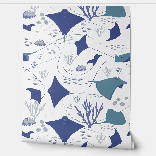Stingrays Blauw Witte Oceaan Print Behang (Afrollen)