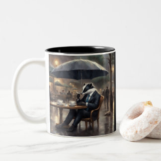 Stinkdier in een pak drinkt koffie in de regen tweekleurige koffiemok