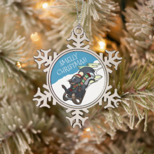 Stinkende kerst! Skunk op een slee Xmas Cartoon Tin Sneeuwvlok Ornament