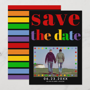 Stippen met kleurrijke letters, strepen zwarte rod save the date
