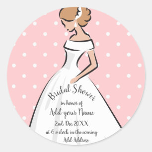 Stippen Roze Bruidsuitnodiging Witte Trouwjurk Ronde Sticker