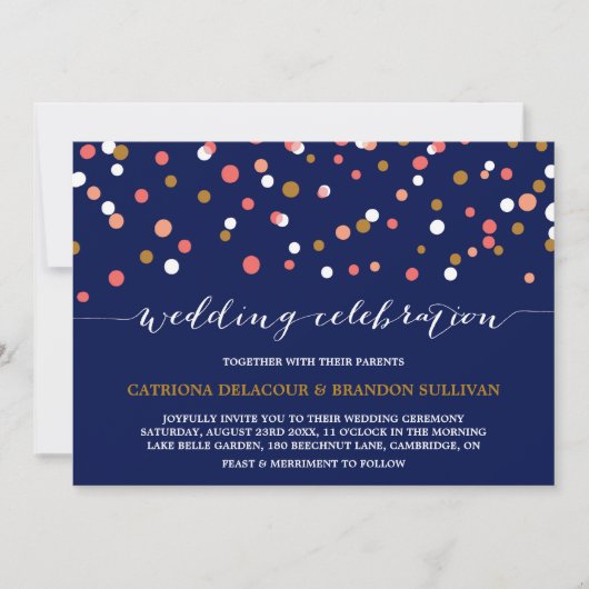 Stippen van koraal en goudConfetti | Navy Wedding Kaart (Voorkant)
