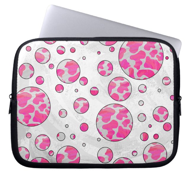 Stippenkoe Roze en Wit Laptop Sleeve (Voorkant)