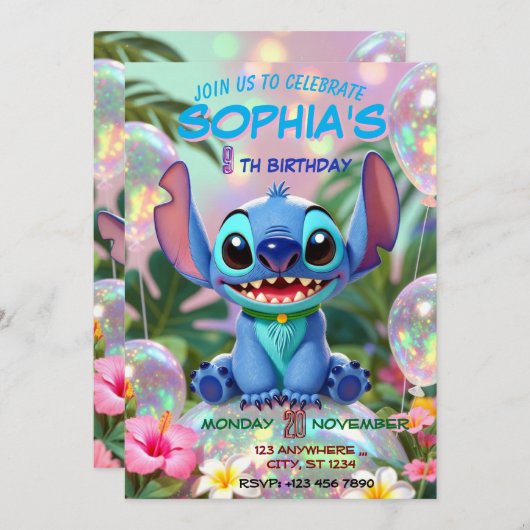 Stitch Birthday Invitation Template Kaart (Voorkant / Achterkant)
