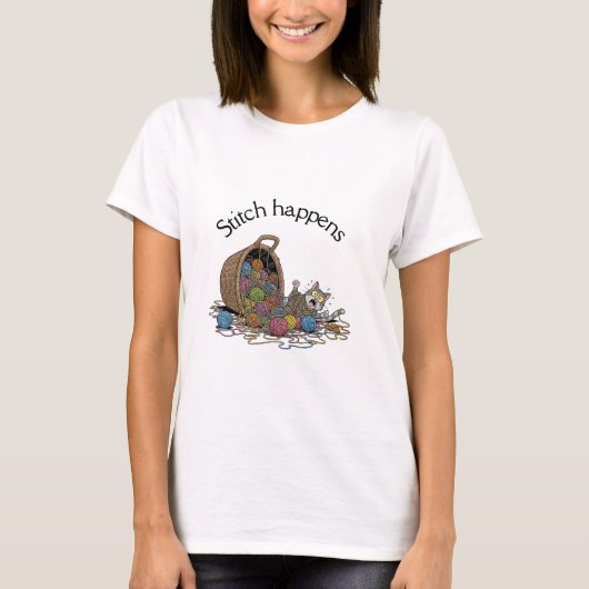 Stitch Happens - Grappige kat & garen haken T-shirt (Voorkant)
