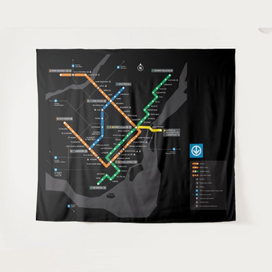 STM Montreal Metro Subway Map zwarte achtergrond H Wandkleed (Voorkant (horizontaal))