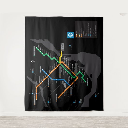 STM Montreal Metro Subway Map zwarte achtergrond H Wandkleed (Voorkant)