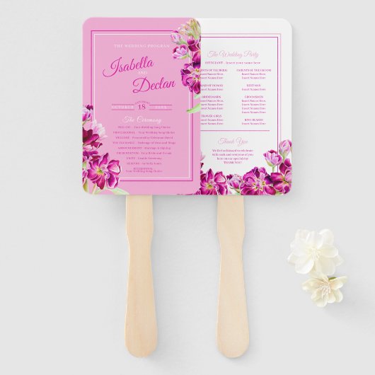 Stockbloemen roze waterverf trouwprogramma handwaaier (Voorkant en achterkant)
