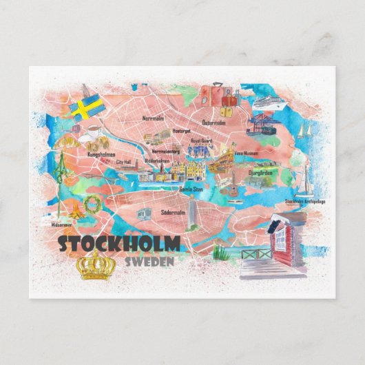 Stockholmkaart geïllustreerd door Stockholm Zweden Briefkaart (Voorkant)