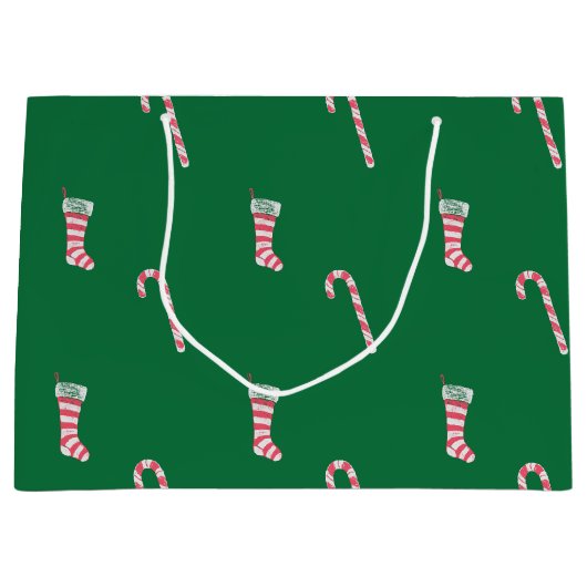 Stocking & Candy Cane Pattern Groot Cadeauzakje (Voorkant)