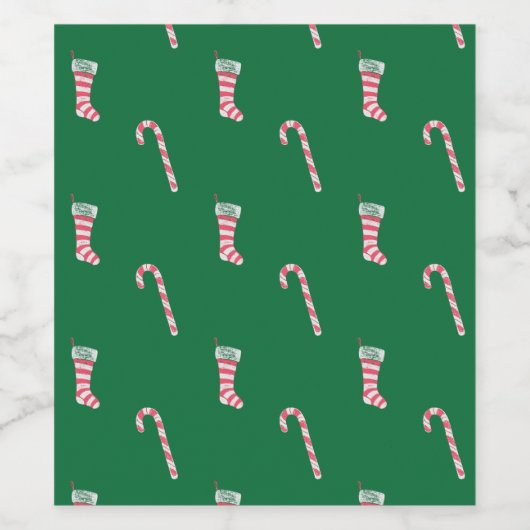 Stocking & Candy Cane Pattern Wijn Etiket (Enkel label)