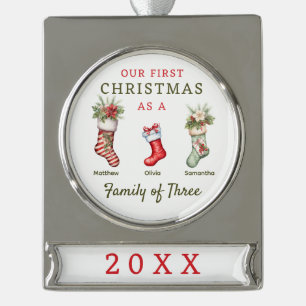 Stockings familie van drie eerste kerstdagen verzilverd banner ornament
