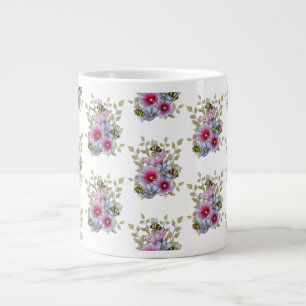 Stockrozen en blauwe bloemen met hommels extra grote beker