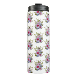Stockrozen en blauwe bloemen met hommels thermosbeker