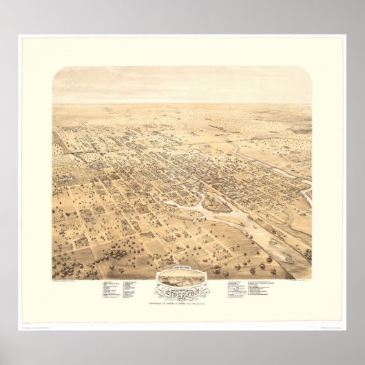 Stockton, CA Panoramic Map 1870 (1667A) - teruggez Poster (Voorkant)