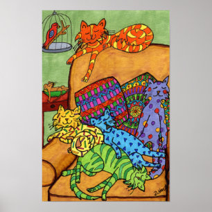 Stoel voor kleurrijke tekende katten zonder slaaps poster