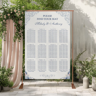 Stoelenplan voor stoffig blauwe bloemige bruiloft poster