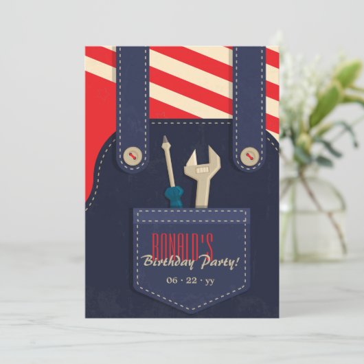 Stoer Werkpak en Gereedschap Verjaardagsuitnodigin Kaart (Staand voorkant)