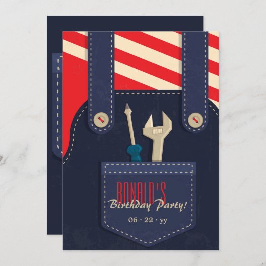 Stoer Werkpak en Gereedschap Verjaardagsuitnodigin Kaart (Voorkant / Achterkant)