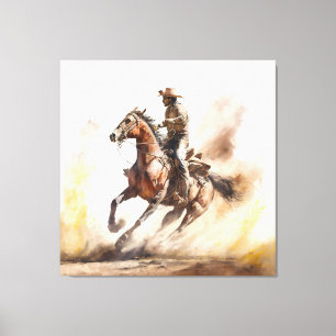 Stoere western waterverf cowboy rijdt op mustang canvas afdruk