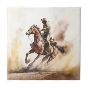 Stoere western waterverf cowboy rijdt op mustang tegeltje