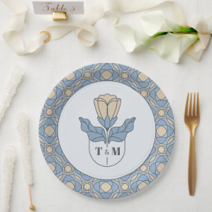 Stof blauw Art Nouveau monogram trouwpapier Papieren Bordje