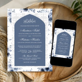 Stof blauw bloem wit kant boog moslim bruiloft kaart