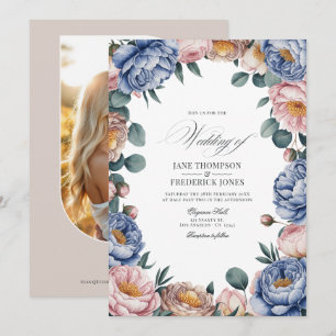 Stof Blauw, Blos, en Warm Taupe Bloemen Bruiloft Kaart